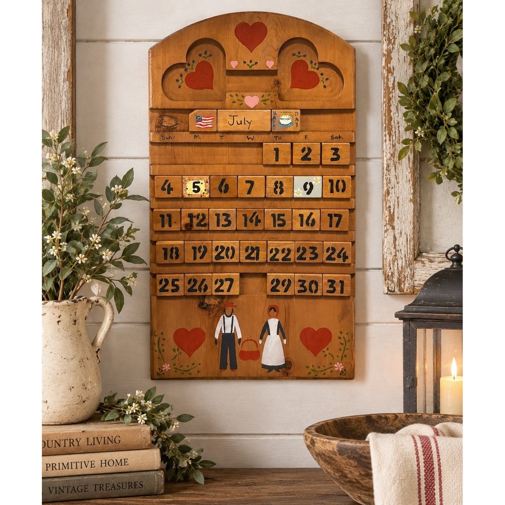Vintage Handmade Wooden Perpetual Calendar Folk Art Amish Farmhouse Decor